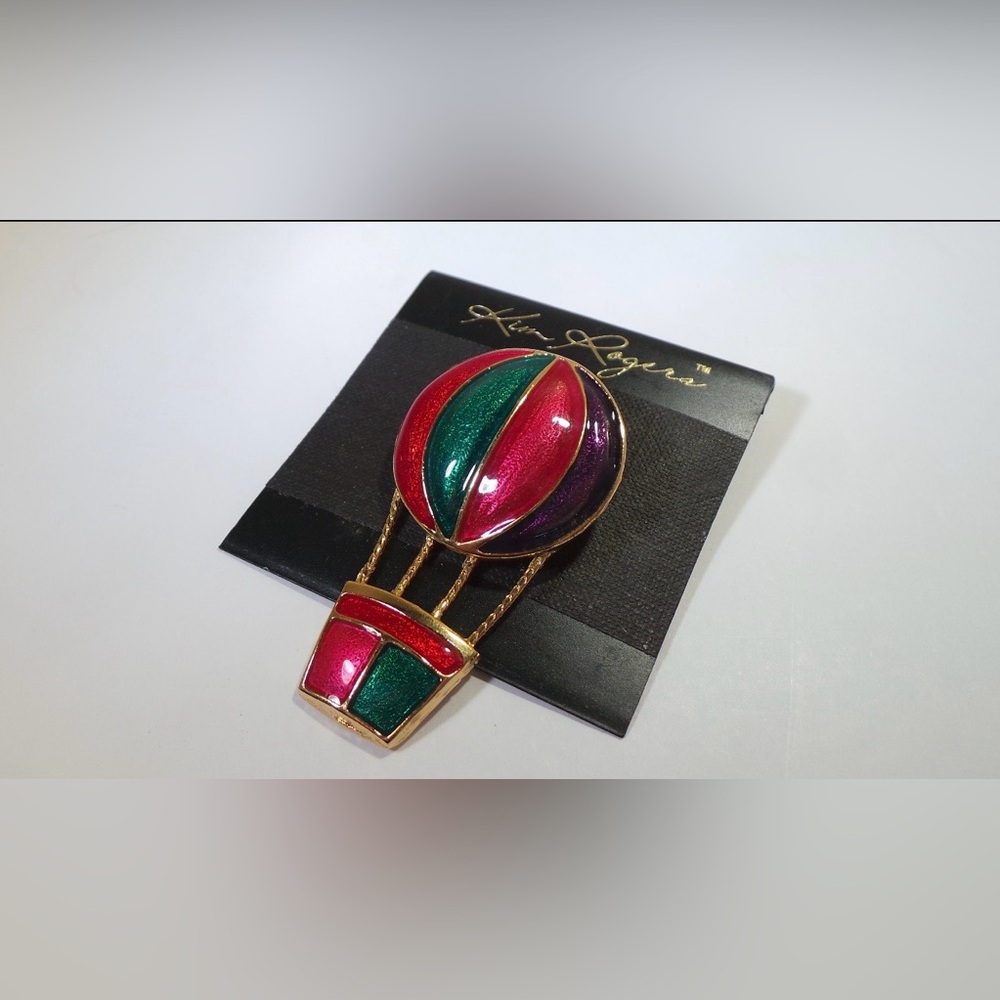 Kim Rogers Vintage Hot Air Balloon Gold Tone Brooch With Red, Purple, & Green. - Picture 10 of 11
